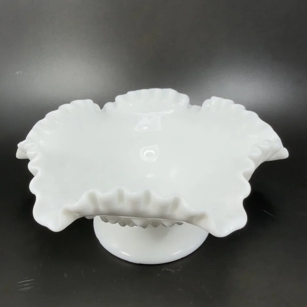 Fenton‎ Hobnail Milk Glass Ruffled Edge Footed Dish Bowl Container White Vintage